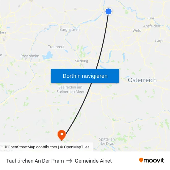 Taufkirchen An Der Pram to Gemeinde Ainet map