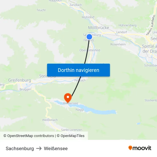 Sachsenburg to Weißensee map