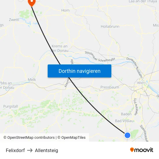 Felixdorf to Allentsteig map