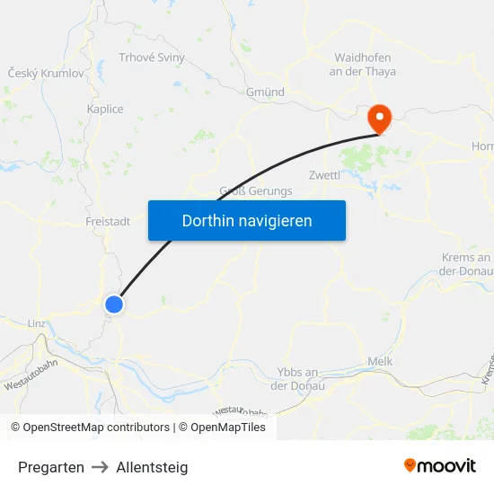 Pregarten to Allentsteig map