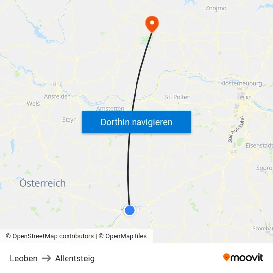 Leoben to Allentsteig map