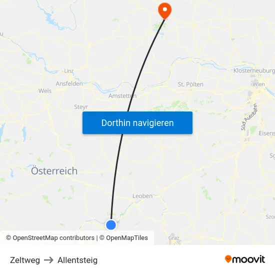 Zeltweg to Allentsteig map