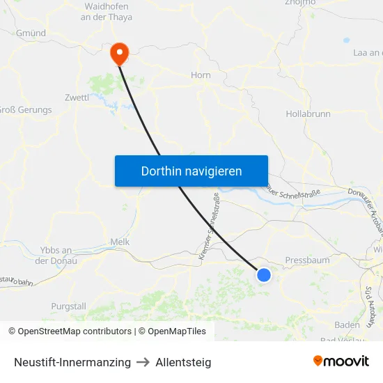 Neustift-Innermanzing to Allentsteig map