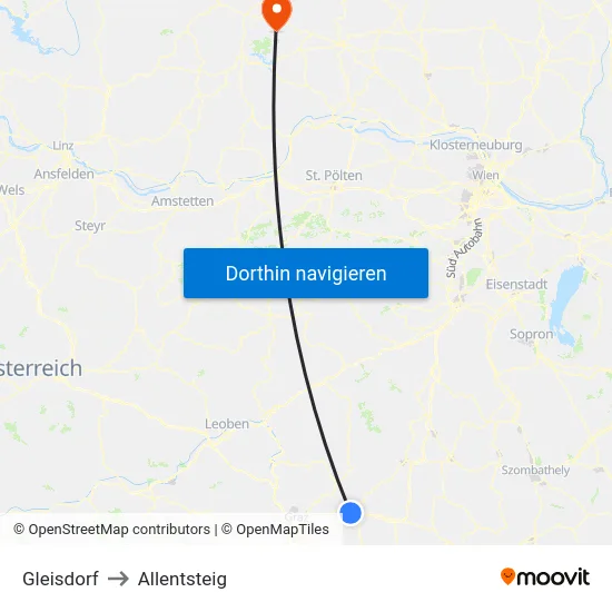 Gleisdorf to Allentsteig map