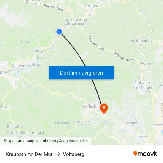 Kraubath An Der Mur to Voitsberg map