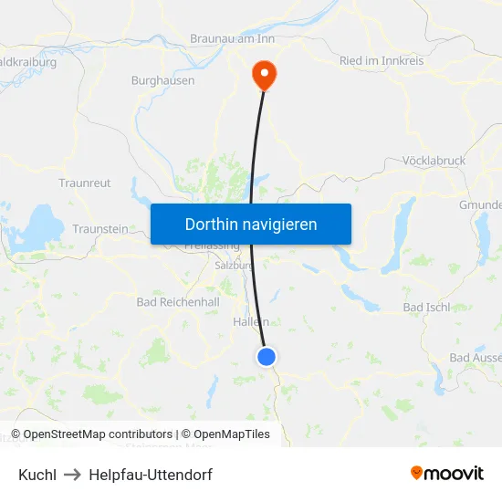 Kuchl to Helpfau-Uttendorf map