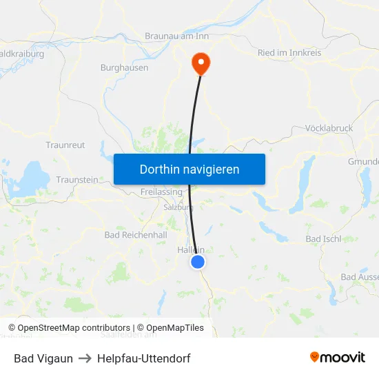 Bad Vigaun to Helpfau-Uttendorf map