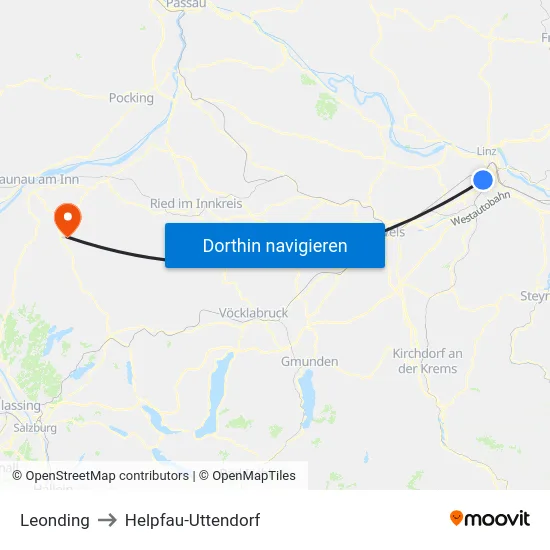 Leonding to Helpfau-Uttendorf map