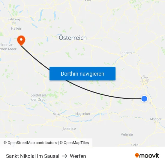 Sankt Nikolai Im Sausal to Werfen map
