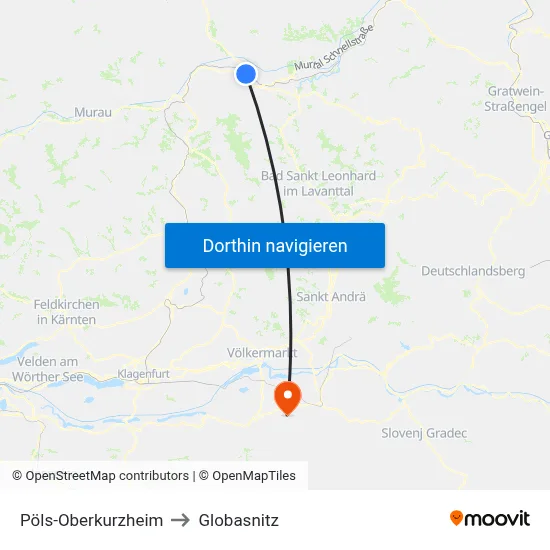 Pöls-Oberkurzheim to Globasnitz map
