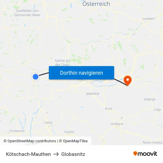 Kötschach-Mauthen to Globasnitz map
