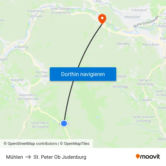 Mühlen to St. Peter Ob Judenburg map