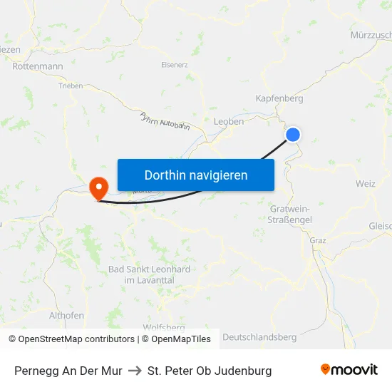 Pernegg An Der Mur to St. Peter Ob Judenburg map