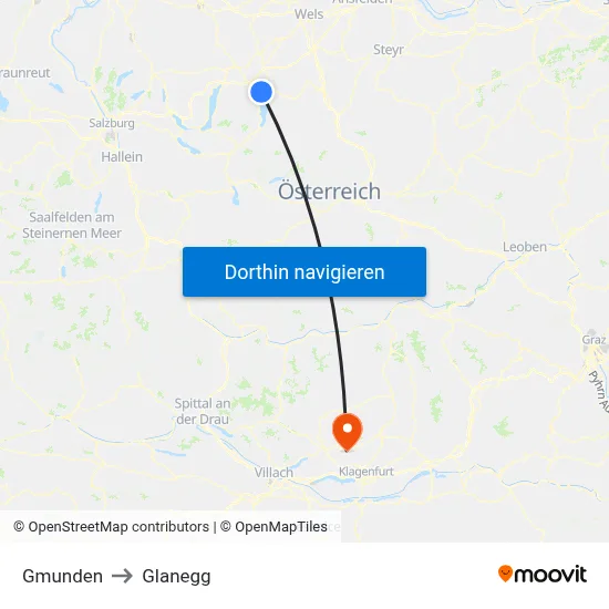 Gmunden to Glanegg map