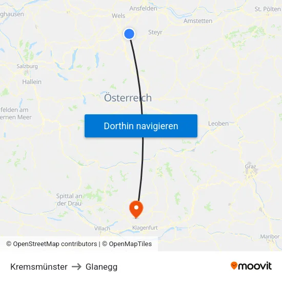 Kremsmünster to Glanegg map