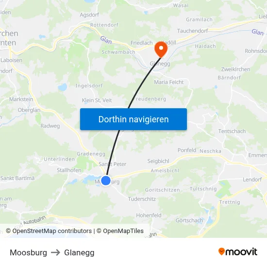 Moosburg to Glanegg map