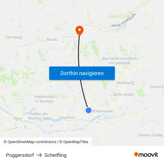 Poggersdorf to Scheifling map