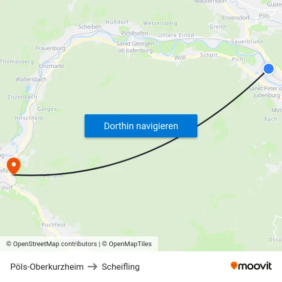 Pöls-Oberkurzheim to Scheifling map