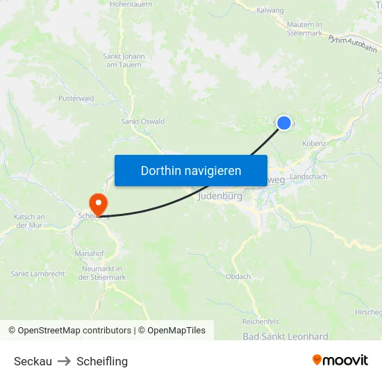 Seckau to Scheifling map