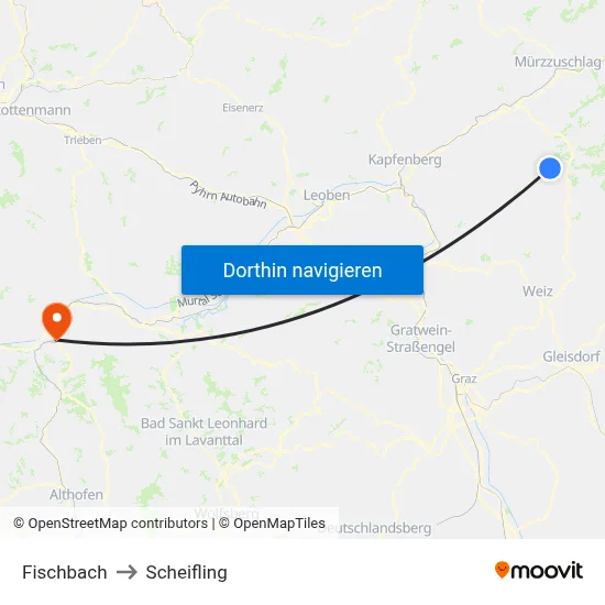 Fischbach to Scheifling map