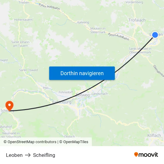 Leoben to Scheifling map