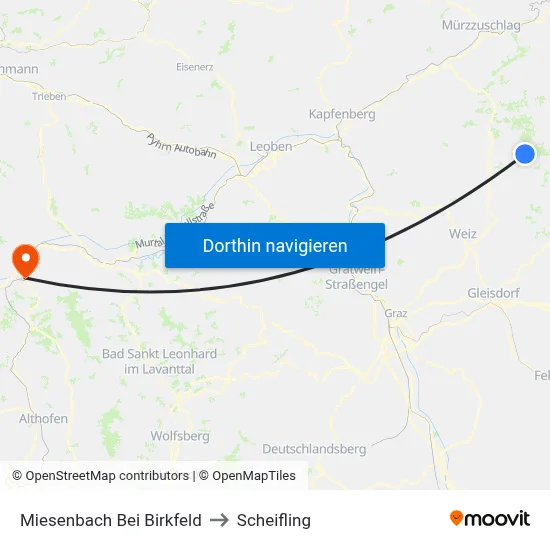 Miesenbach Bei Birkfeld to Scheifling map