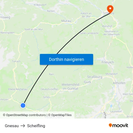 Gnesau to Scheifling map