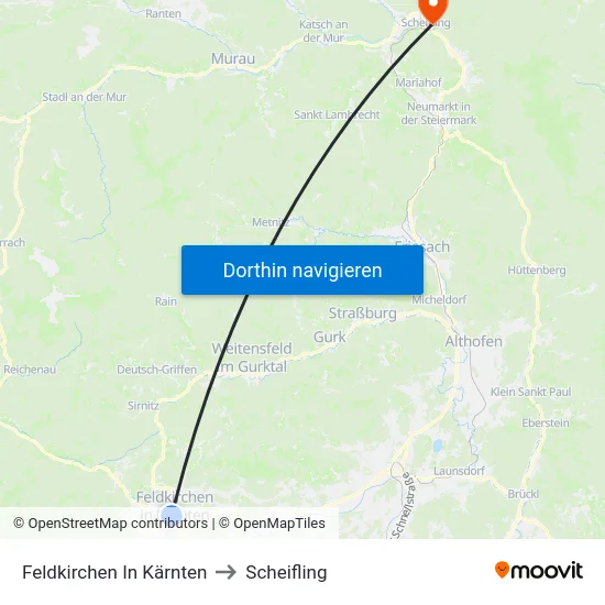 Feldkirchen In Kärnten to Scheifling map