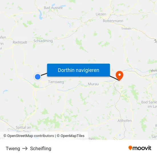 Tweng to Scheifling map