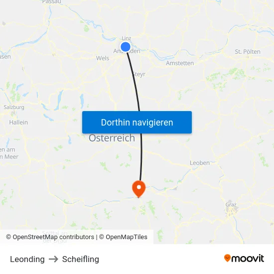 Leonding to Scheifling map