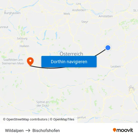 Wildalpen to Bischofshofen map