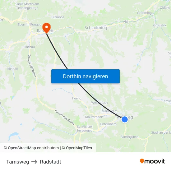 Tamsweg to Radstadt map