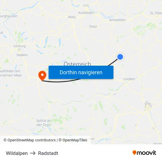 Wildalpen to Radstadt map