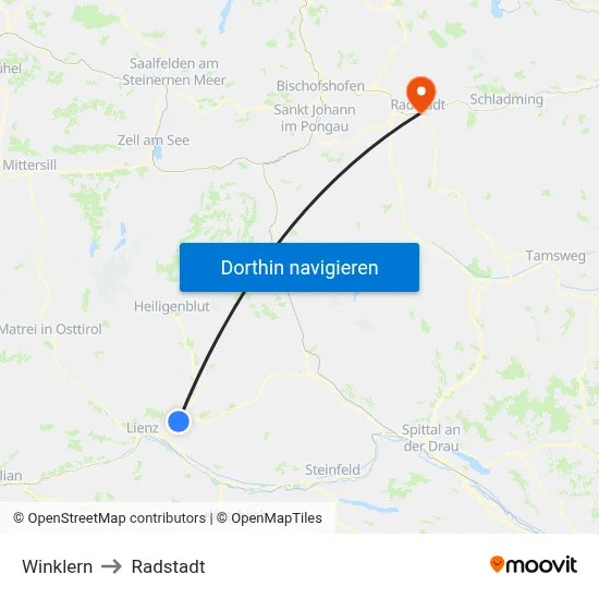 Winklern to Radstadt map