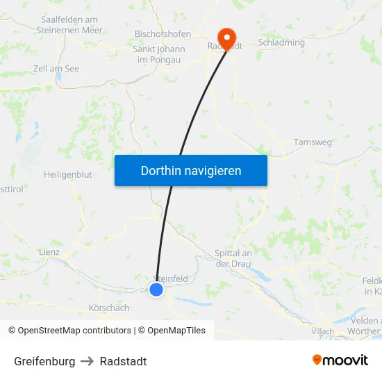 Greifenburg to Radstadt map