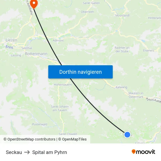Seckau to Spital am Pyhrn map