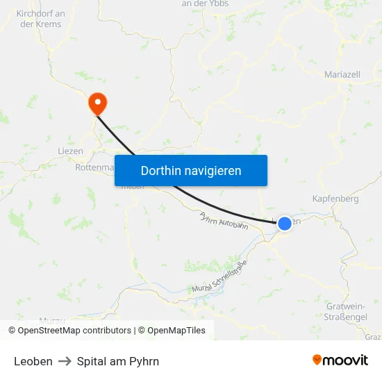 Leoben to Spital am Pyhrn map