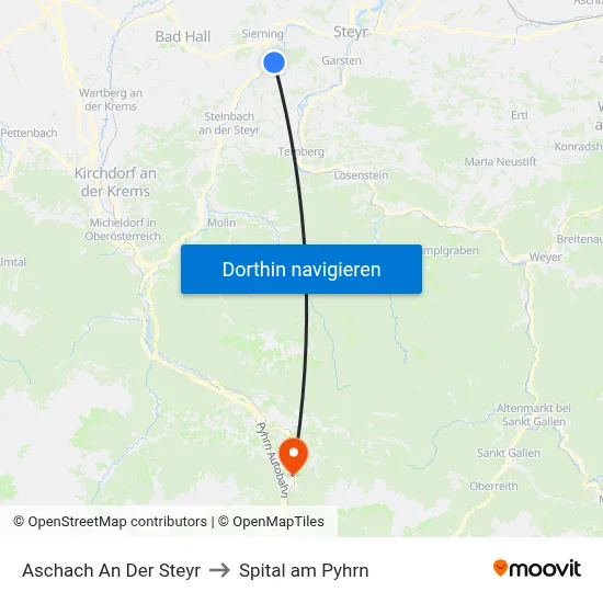 Aschach An Der Steyr to Spital am Pyhrn map