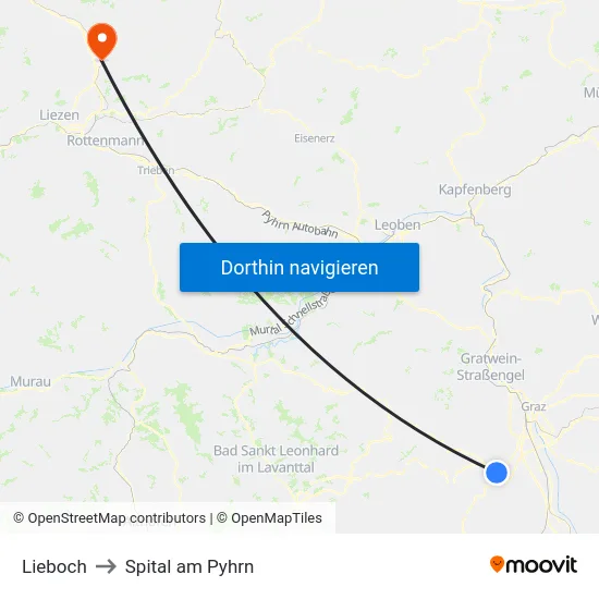 Lieboch to Spital am Pyhrn map