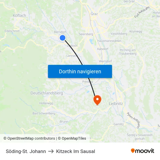 Söding-St. Johann to Kitzeck Im Sausal map