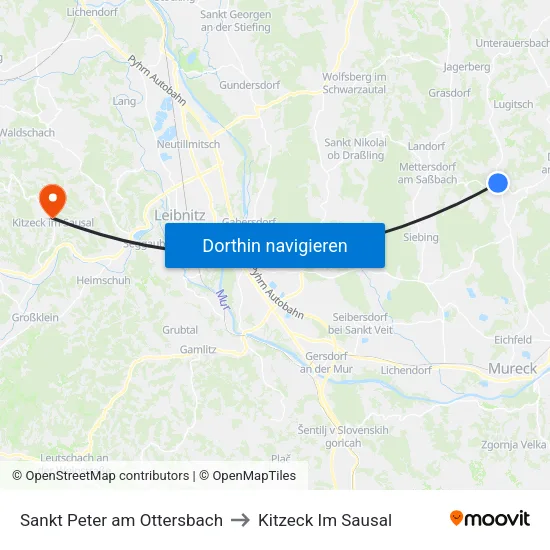 Sankt Peter am Ottersbach to Kitzeck Im Sausal map