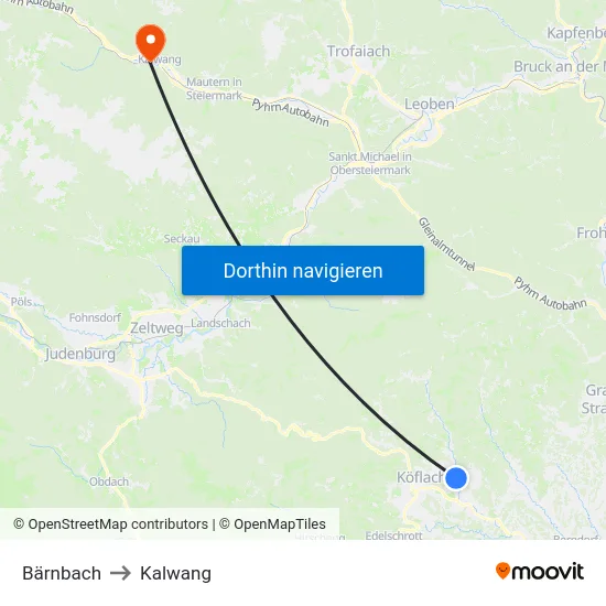 Bärnbach to Kalwang map