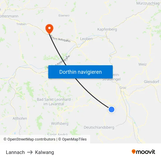 Lannach to Kalwang map