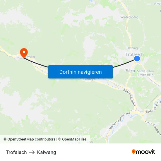 Trofaiach to Kalwang map