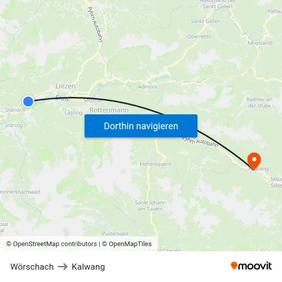 Wörschach to Kalwang map