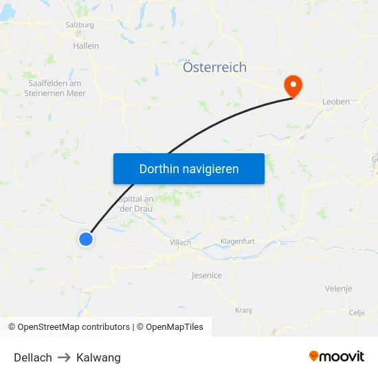 Dellach to Kalwang map