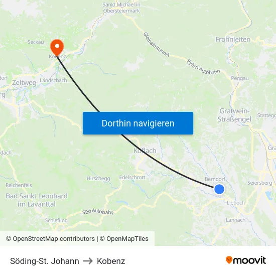 Söding-St. Johann to Kobenz map