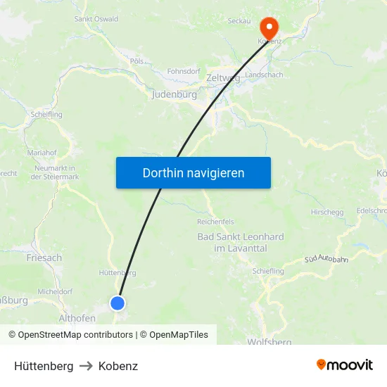 Hüttenberg to Kobenz map