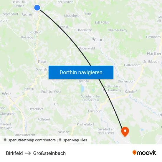 Birkfeld to Großsteinbach map