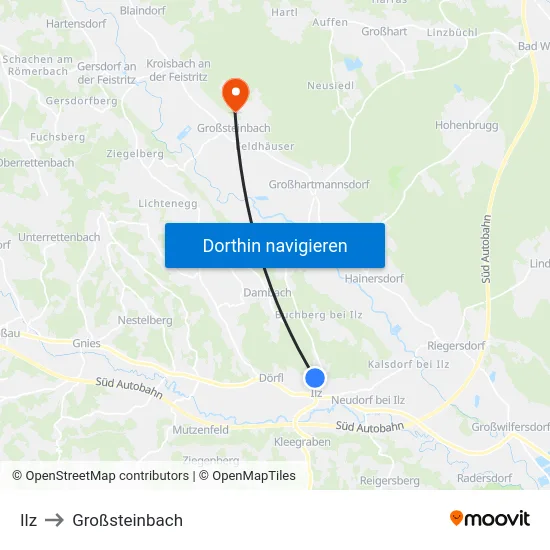 Ilz to Großsteinbach map
